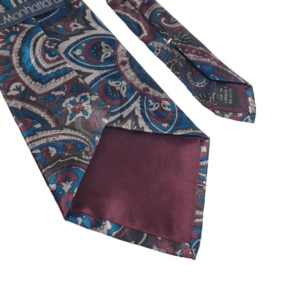 Manhattan Vintage Designer Floral Blue Maroon Silver Work Office Necktie Tie - Picture 5 of 5